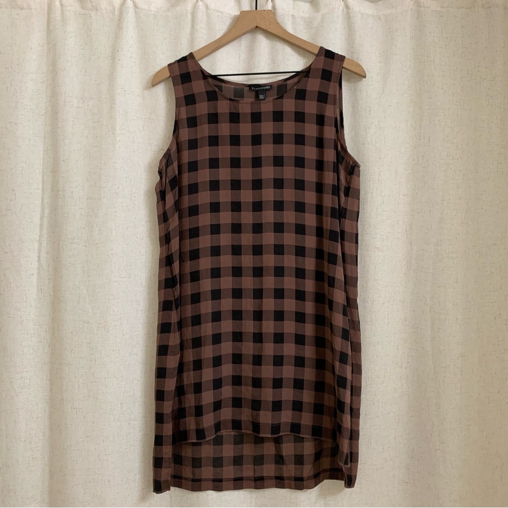 Eileen Fisher 100% Silk Buffalo Check Gingham Print Tunic Dress Large